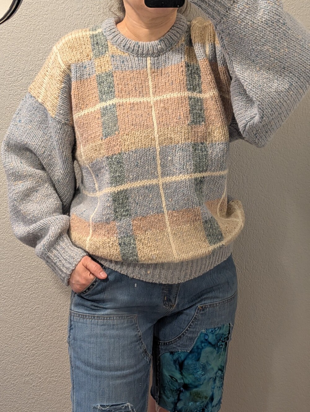 Vtg Nordstrom Ireland Pure Wool Plaid Intarsia Tweed Sweater Sz S Oversized
